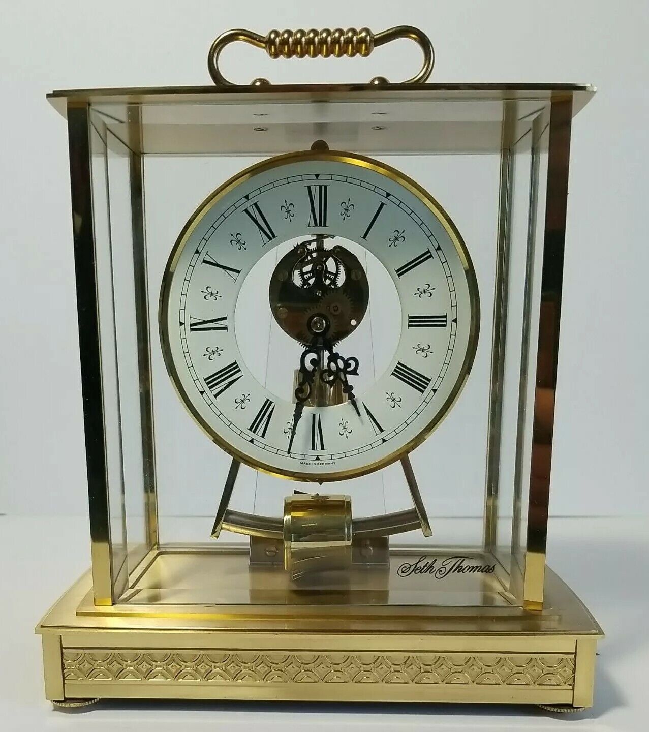 [WORKING] Seth Thomas Vintage Skeleton Glass Gold Mantle Clock 0792 West Germany