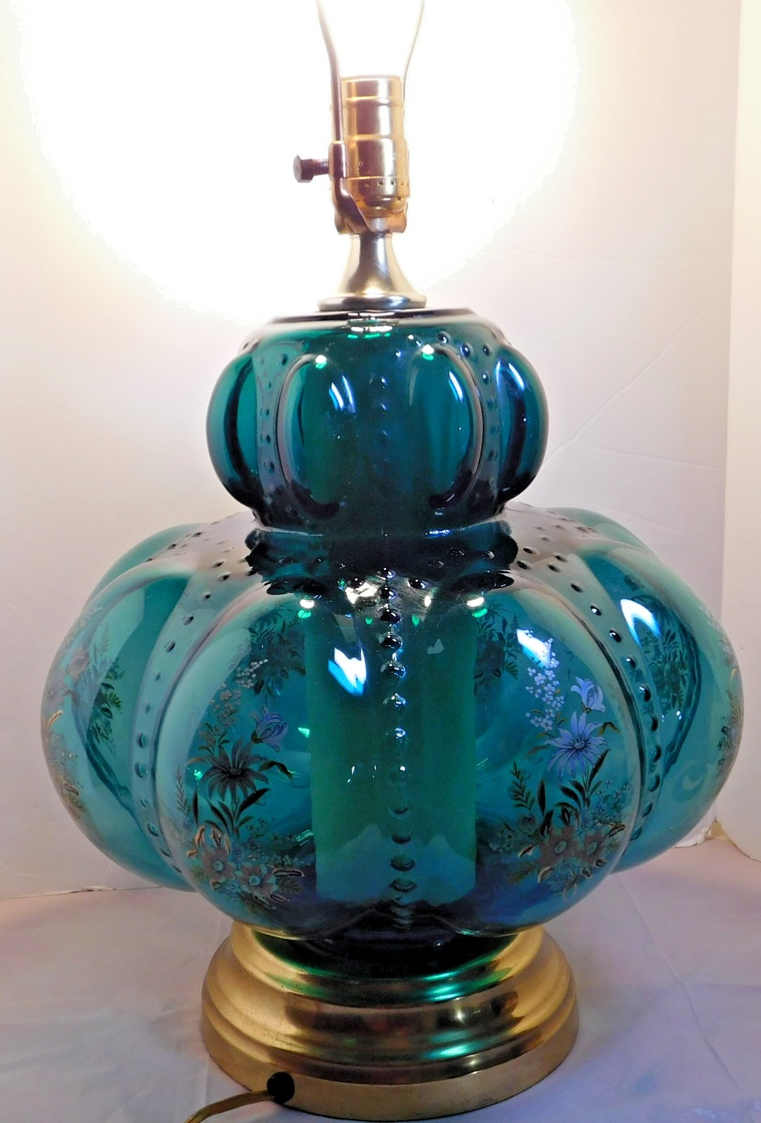 Vintage MCM Carl Falkenstein Green Teal Bubble Glass Table Lamp Flowers 12" Wide Vintage MCM Carl Falkenstein Green Teal Bubble Glass Table Lamp Flowers 12" Wide