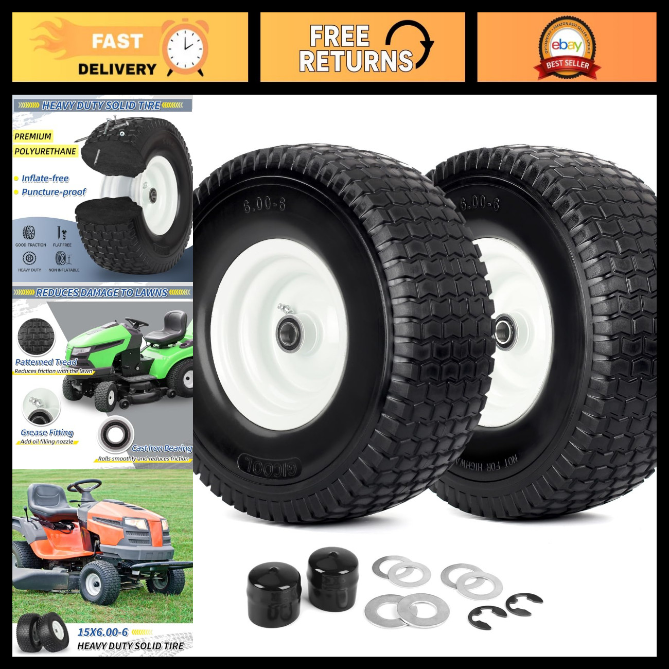 15x6.00-6 Flat Free Lawn Mower Tire and Wheel, 15x6-6nhs Riding Mowers Lawn Tire 15x6.00-6 Flat Free Lawn Mower Tire and Wheel, 15x6-6nhs Riding Mowers Lawn Tire