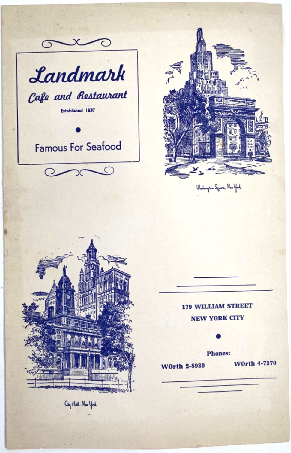 1959 LANDMARK CAFE AND RESTAURANT vtg dinner menu NEW YORK CITY, 179 William St.