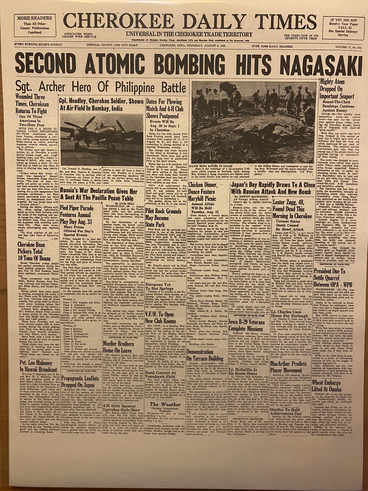 VINTAGE NEWSPAPER HEADLINE ~WORLD WAR 2 U.S. DROPS 2nd ATOMIC BOMB NAGASAKI 1945 VINTAGE NEWSPAPER HEADLINE ~WORLD WAR 2 U.S. DROPS 2nd ATOMIC BOMB NAGASAKI 1945