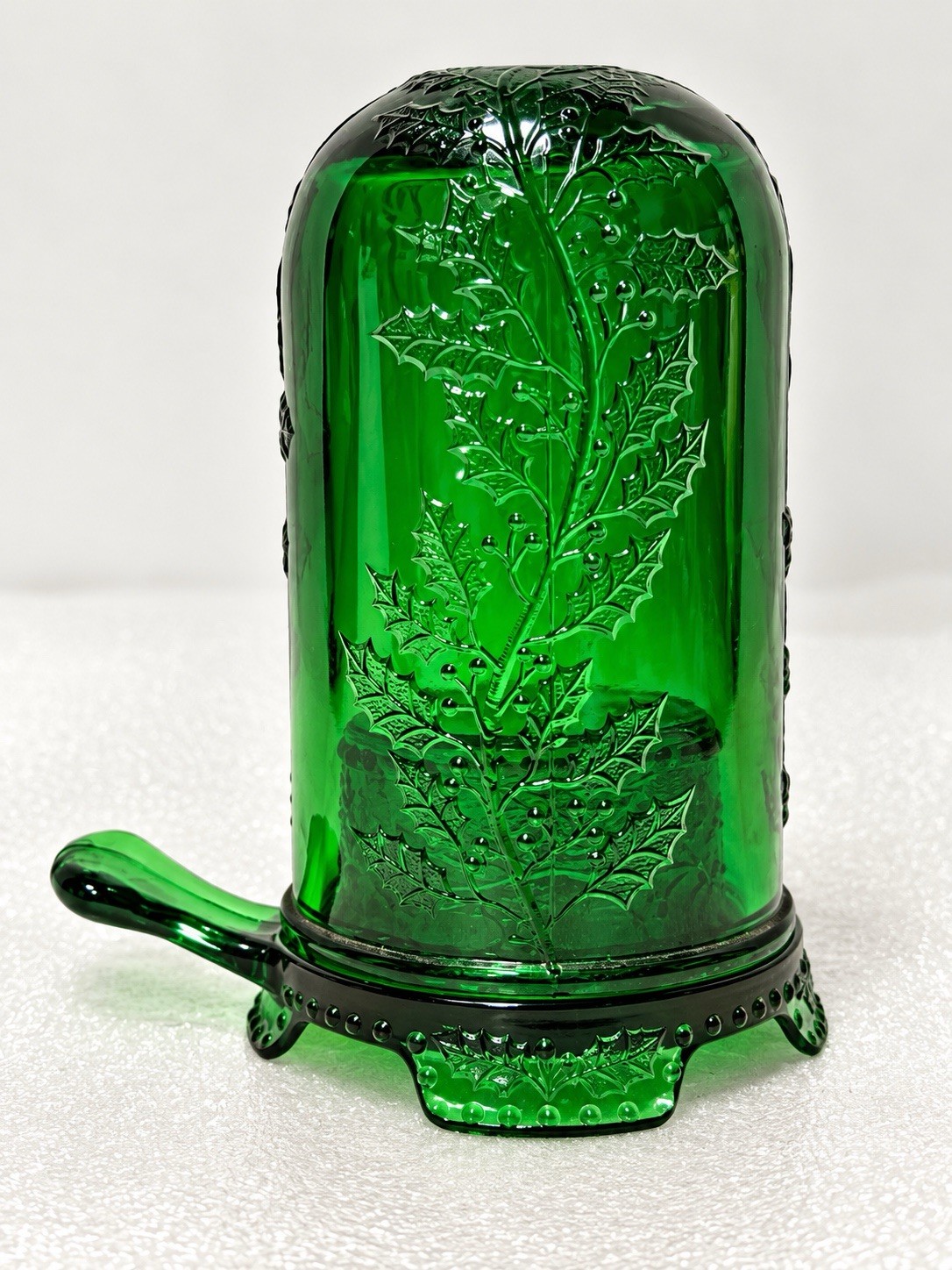 Vintage Mosser Hunter Green Pressed Glass Fairy Lamp Holly Berry Pattern