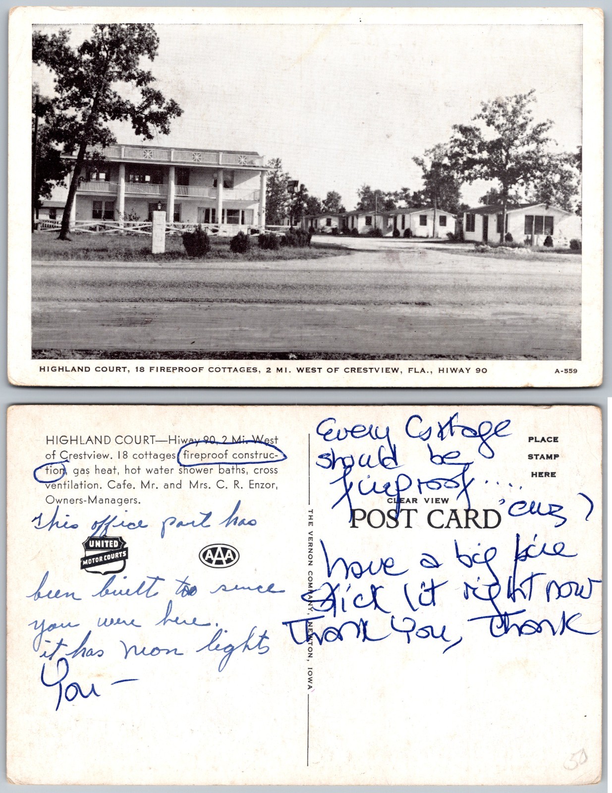 Highland Court Fireproof Cottages Crestview FL Postcard