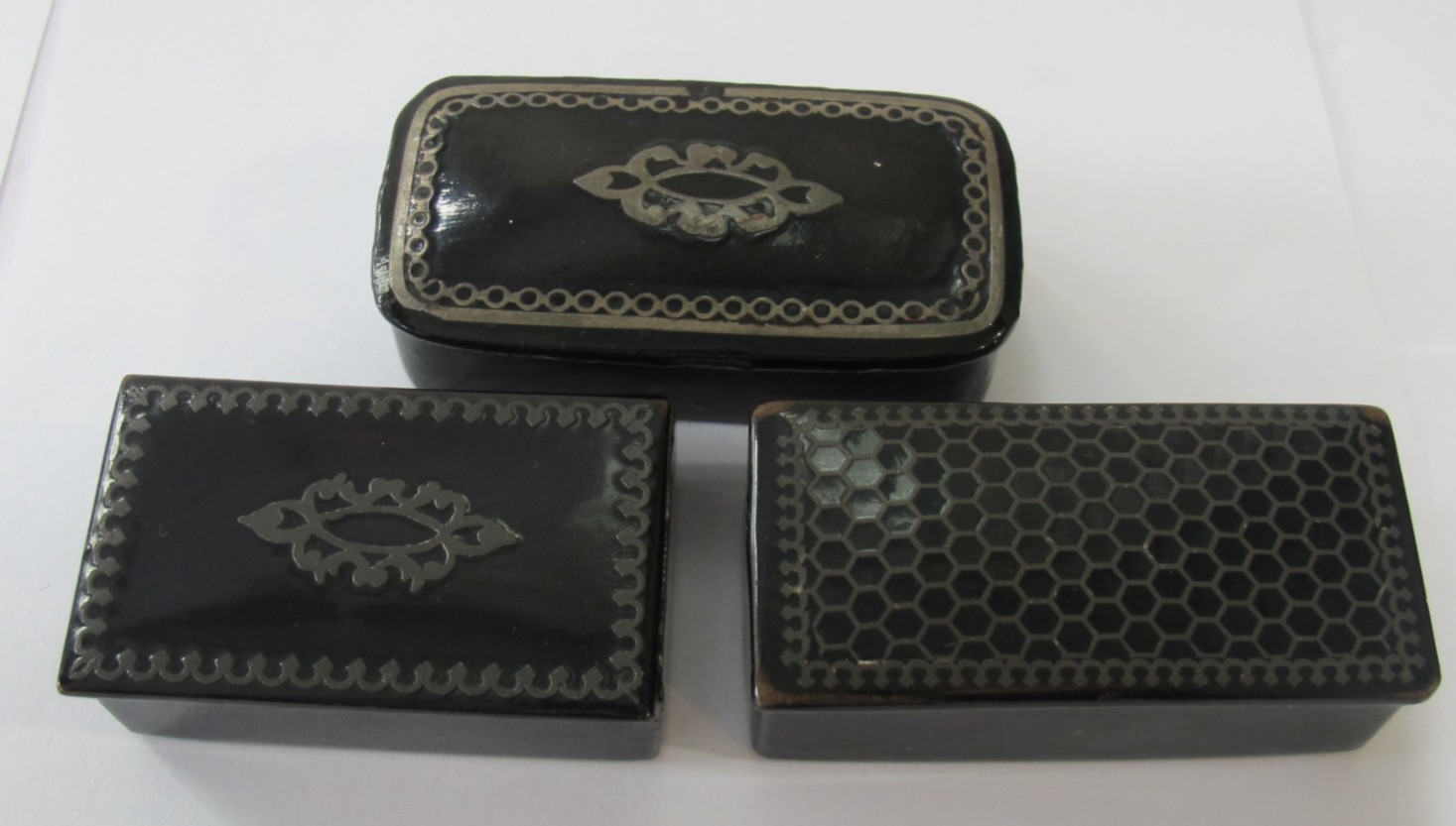 Antique Black Lacquered Paper Mache Inlaid Miniature Snuff Box LOT (3)