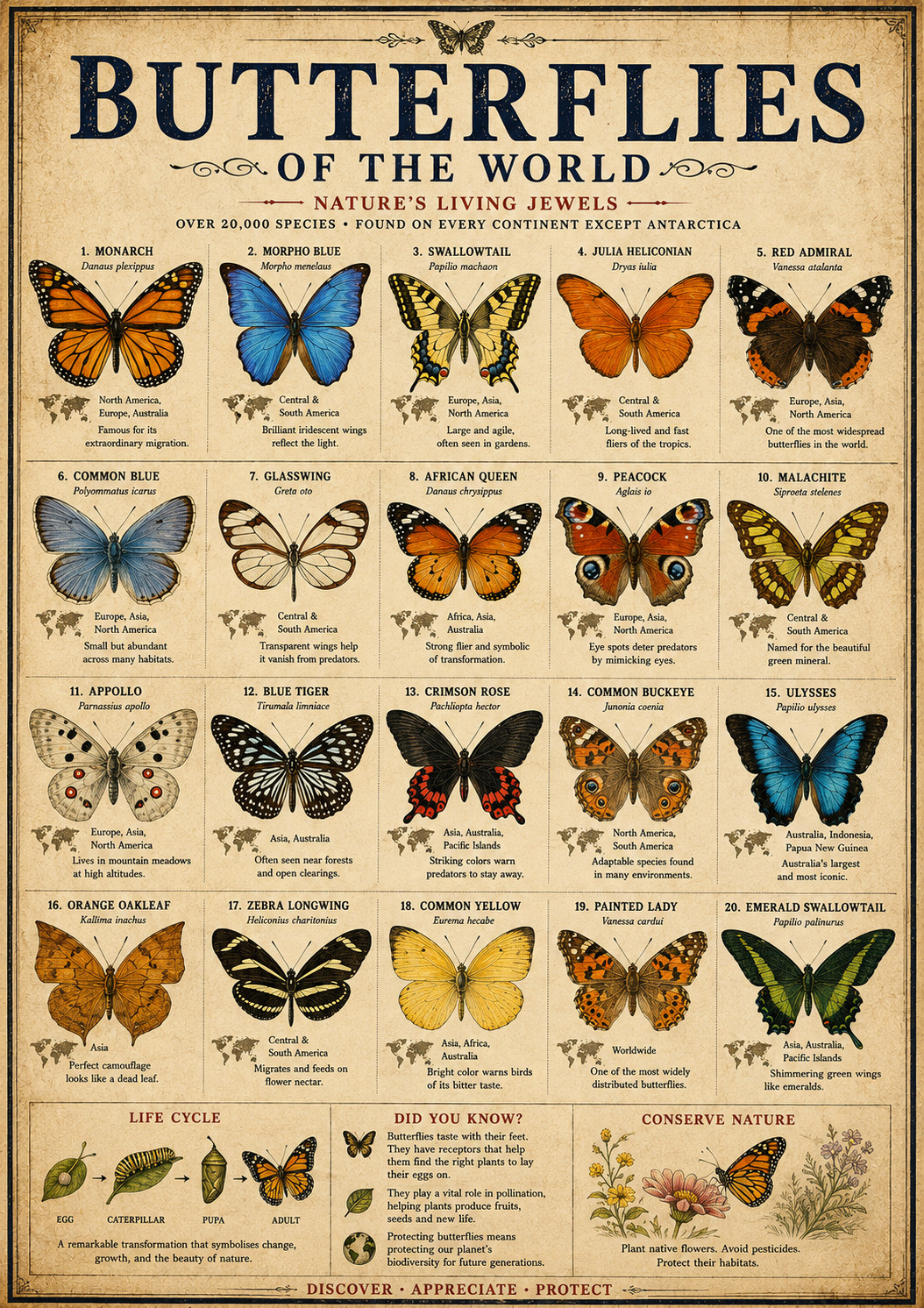 Butterflies of the World Poster 13x19 – Vintage Butterfly Species Chart Nature Butterflies of the World Poster 13x19 – Vintage Butterfly Species Chart Nature