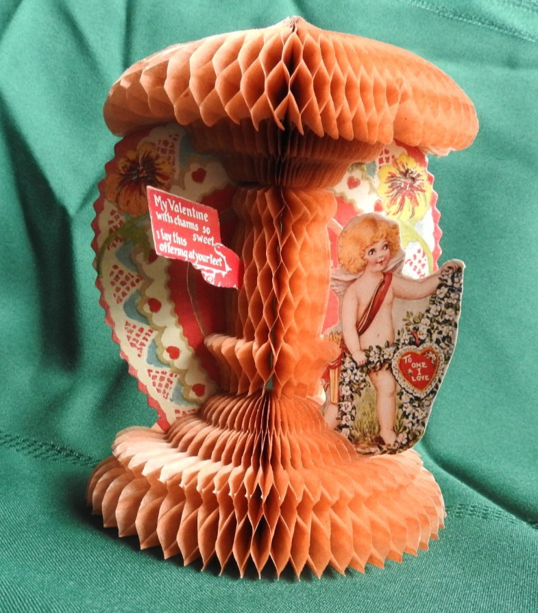 Antique Victorian Die Cut STAND UP Valentine Card -Giant Honeycomb Cherub Cupid
