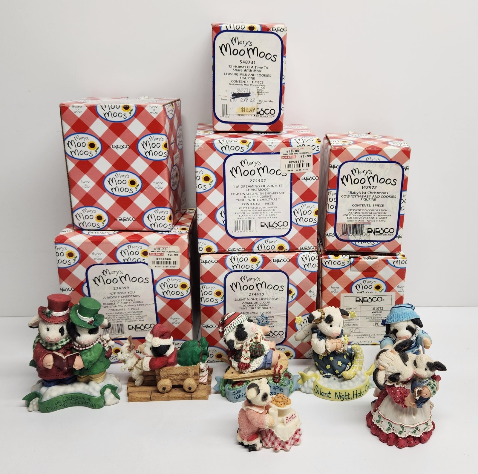 Mary's Moo Moos Figures Christmas Winter Vintage Lot Of 7, READ Mary's Moo Moos Figures Christmas Winter Vintage Lot Of 7, READ