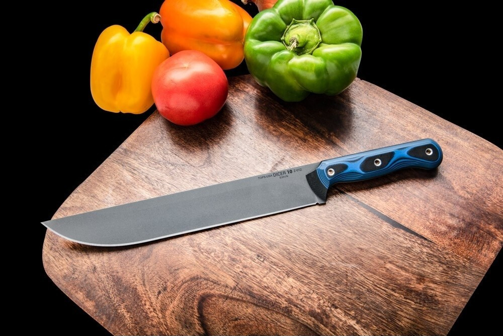 TOPS Dicer 10 Slicer Fixed Knife 10" S35VN Steel Blade Black And Blue G10 Handle