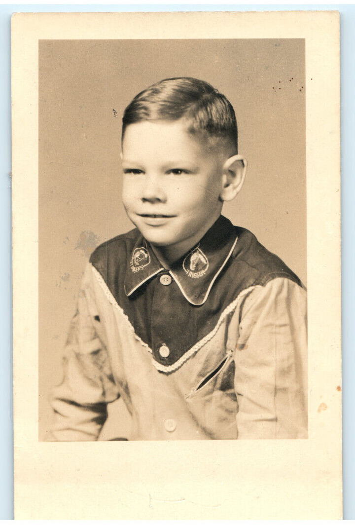 Vintage Postcard RPPC, Young Boy Posing for Portrait Western Shirt, 1940's