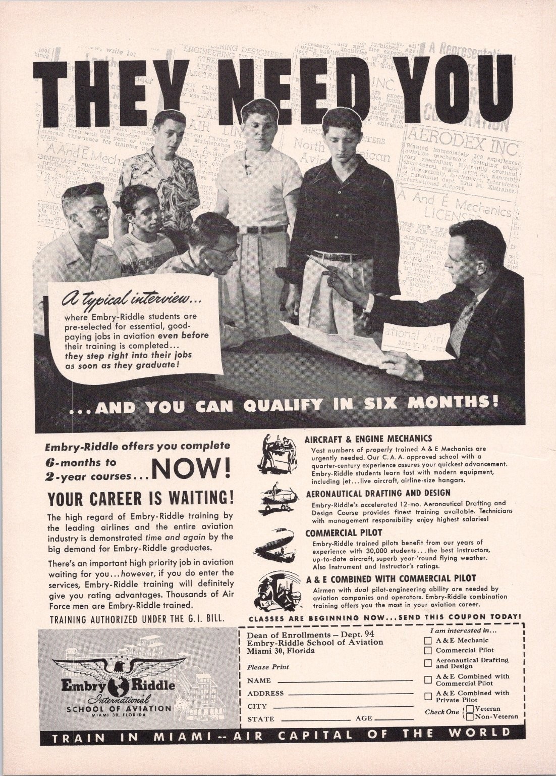 Vintage Embry-Riddle School of Aviation Magazine Ad 1952 Miami Flight Training