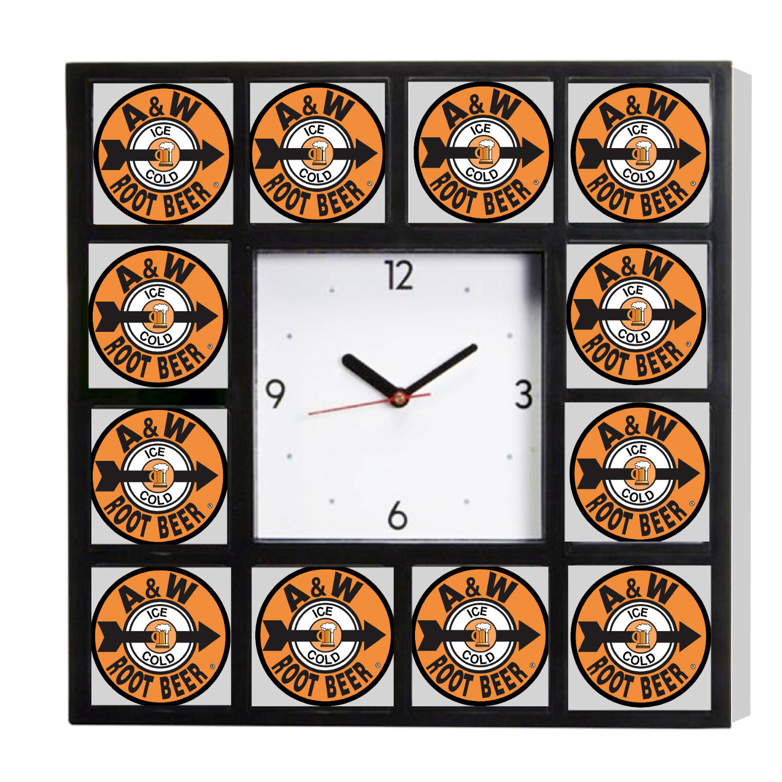 retro A&W Root Beer Ad promo around the Clock with 12 surrounding images retro A&W Root Beer Ad promo around the Clock with 12 surrounding images