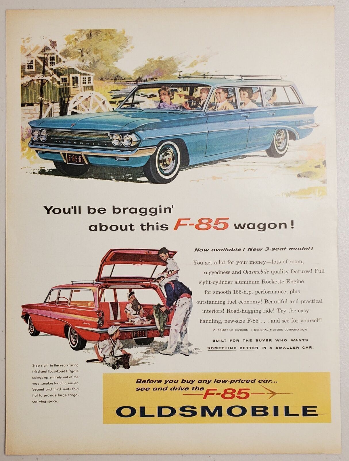1961 Print Ad Oldsmobile F-85 Family Station Wagons Red & Blue 1961 Print Ad Oldsmobile F-85 Family Station Wagons Red & Blue