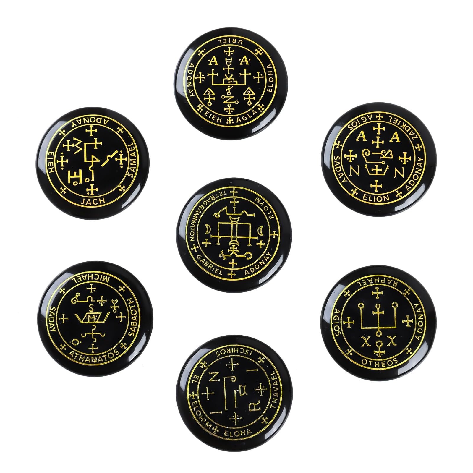 Set of 7 Polished Black Agate Crystal Engraved Magic Archangel Symbols Wicca ... Set of 7 Polished Black Agate Crystal Engraved Magic Archangel Symbols Wicca ...