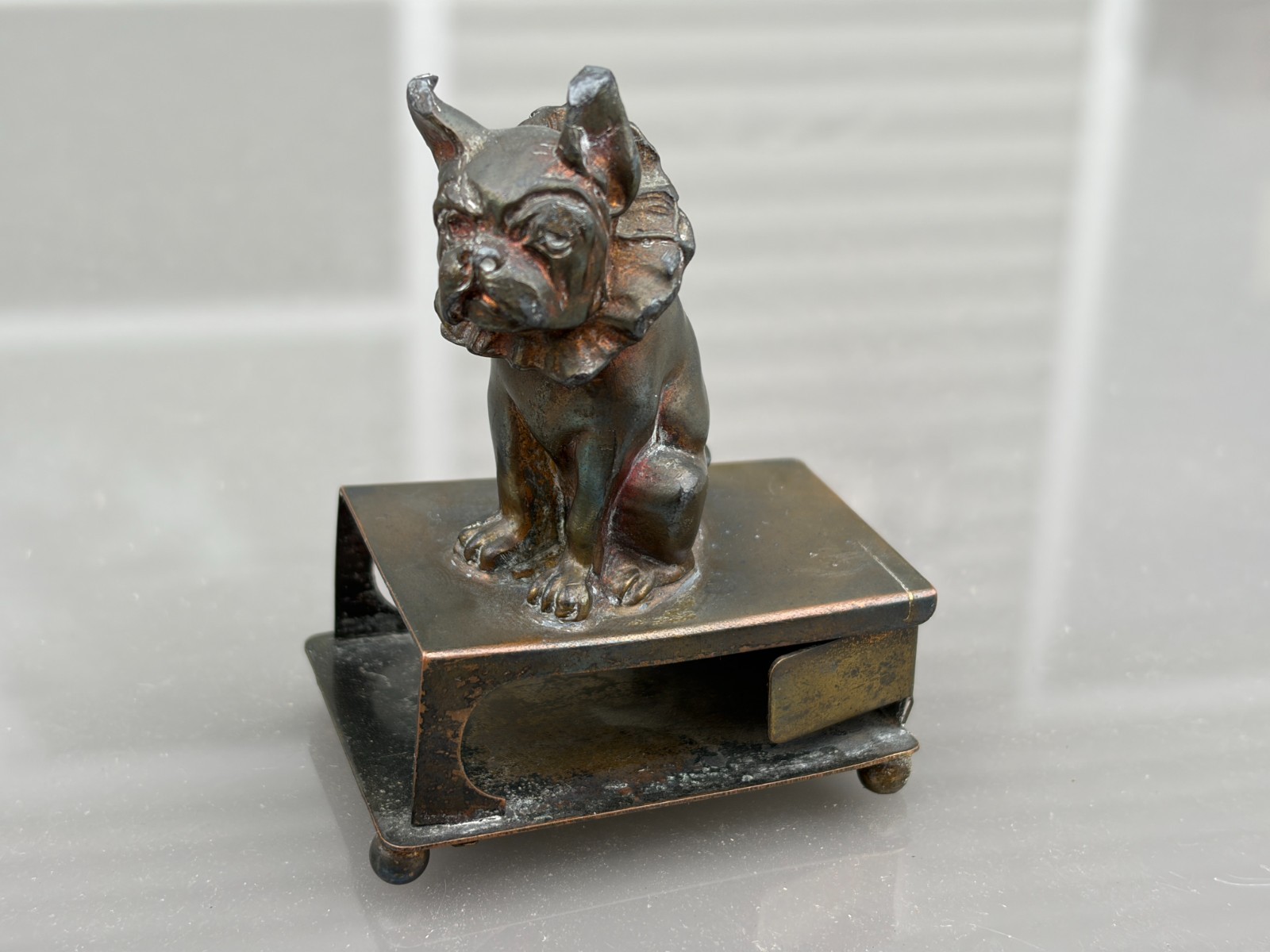 Antique Kronheim & Oldenbusch K&O Circus French Bulldog Metal Match Holder Antique Kronheim & Oldenbusch K&O Circus French Bulldog Metal Match Holder