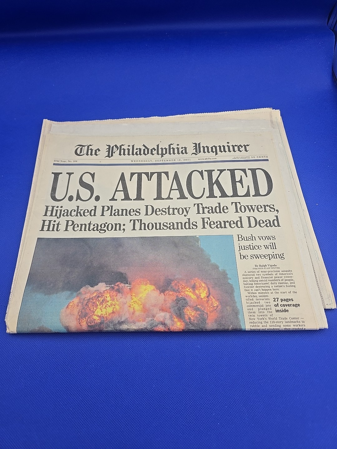 The Philadelphia Inquirer 9/11/2001 U.S. Attacked Hijacked Planes Newspaper The Philadelphia Inquirer 9/11/2001 U.S. Attacked Hijacked Planes Newspaper