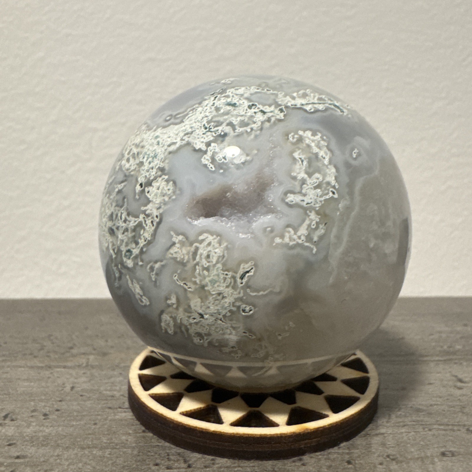 Blue Moss Agate Crystal Sphere With Small Druzy Pockets 256 Grams 2.2” Blue Moss Agate Crystal Sphere With Small Druzy Pockets 256 Grams 2.2”