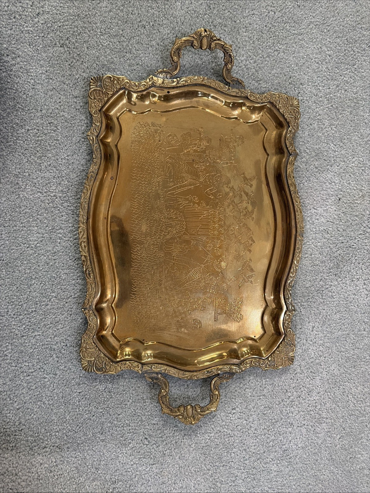 Vtg Egyptian Revival Lrg Etched Pharaohs Fishing Hieroglyphs Brass Serving Tray Vtg Egyptian Revival Lrg Etched Pharaohs Fishing Hieroglyphs Brass Serving Tray