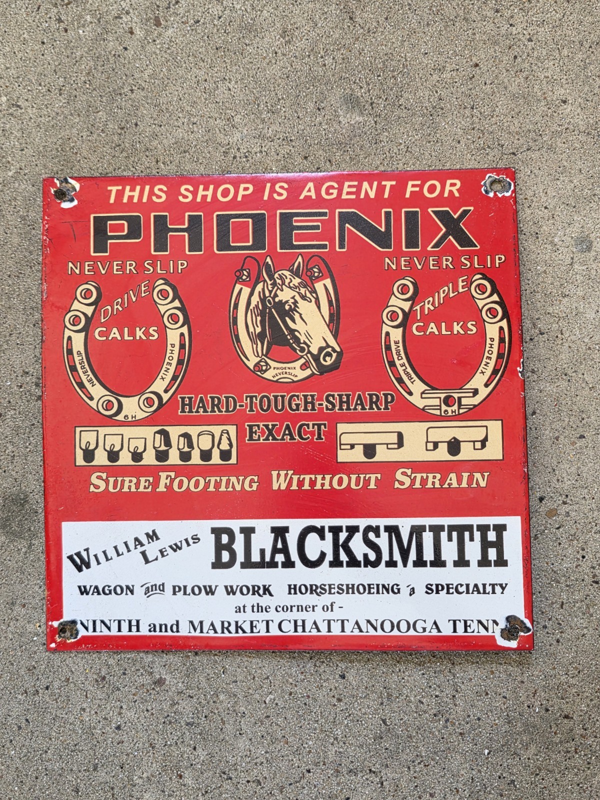 VINTAGE 1950'S PHOENIX NEVER SLIP HORSESHOE PORCELAIN SIGN 10"X10" TENNESSEE VINTAGE 1950'S PHOENIX NEVER SLIP HORSESHOE PORCELAIN SIGN 10"X10" TENNESSEE