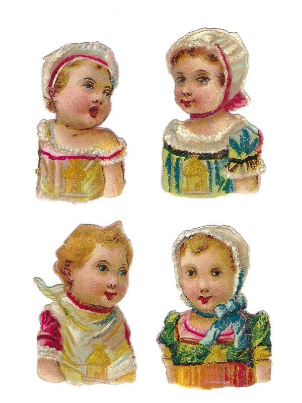 1888 Chromo decoupis, 4 Victorian BABY HEADS, Antique Die-Cut Scrap, 1-3/4" 1888 Chromo decoupis, 4 Victorian BABY HEADS, Antique Die-Cut Scrap, 1-3/4"