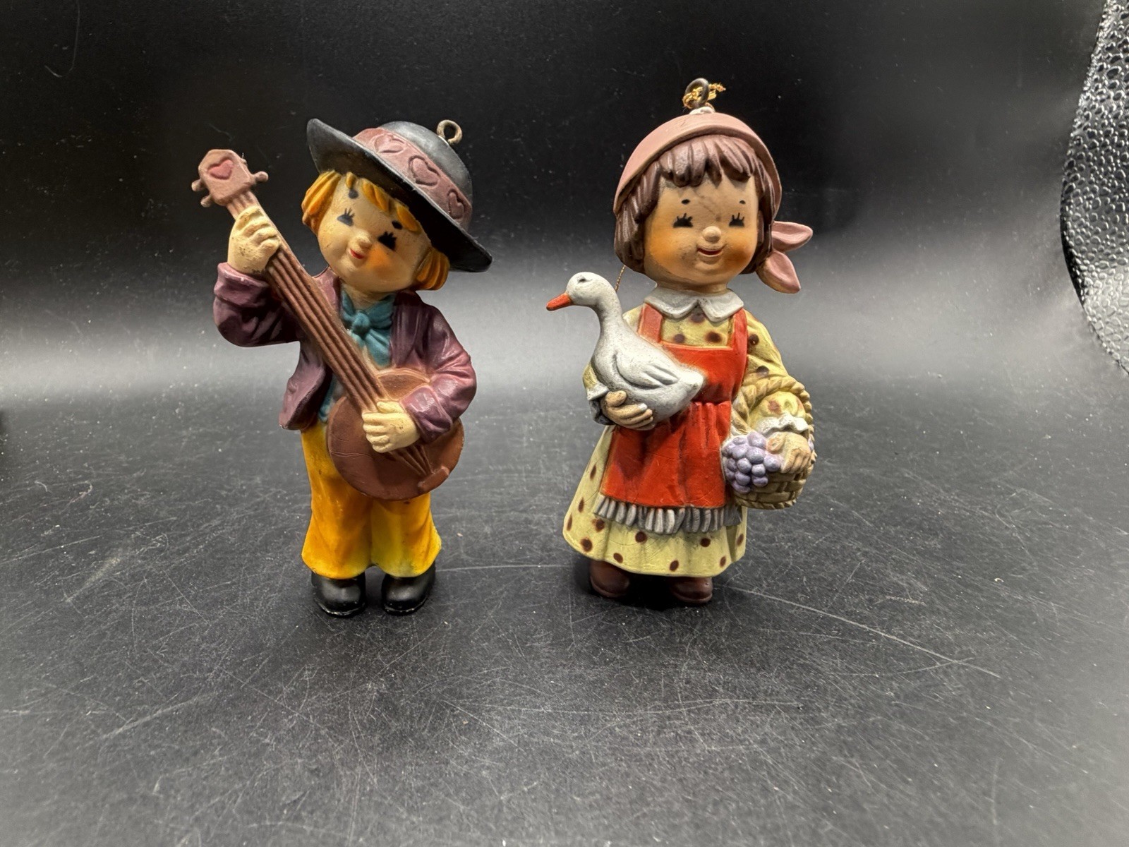 Vintage Country Boy Banjo Girl Goose Basket Ornaments Lot 4" Hummel Style 
