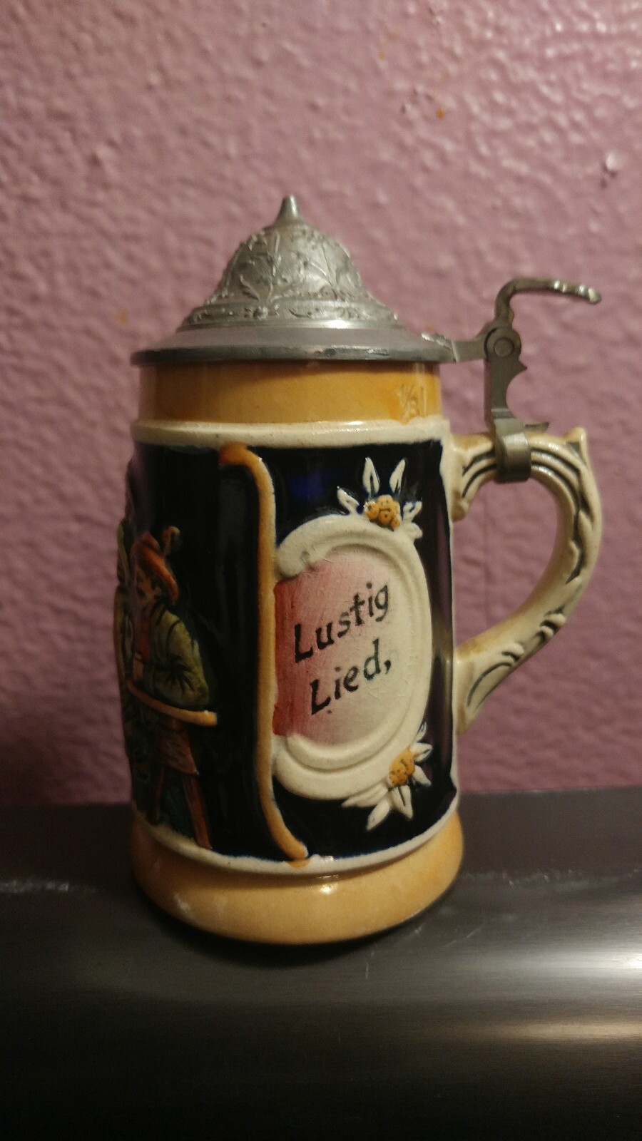 Vtg Tiny German Beer Stein Made in Germany 326 A Froh Gemiit 5" w/ Lid Very Rare
