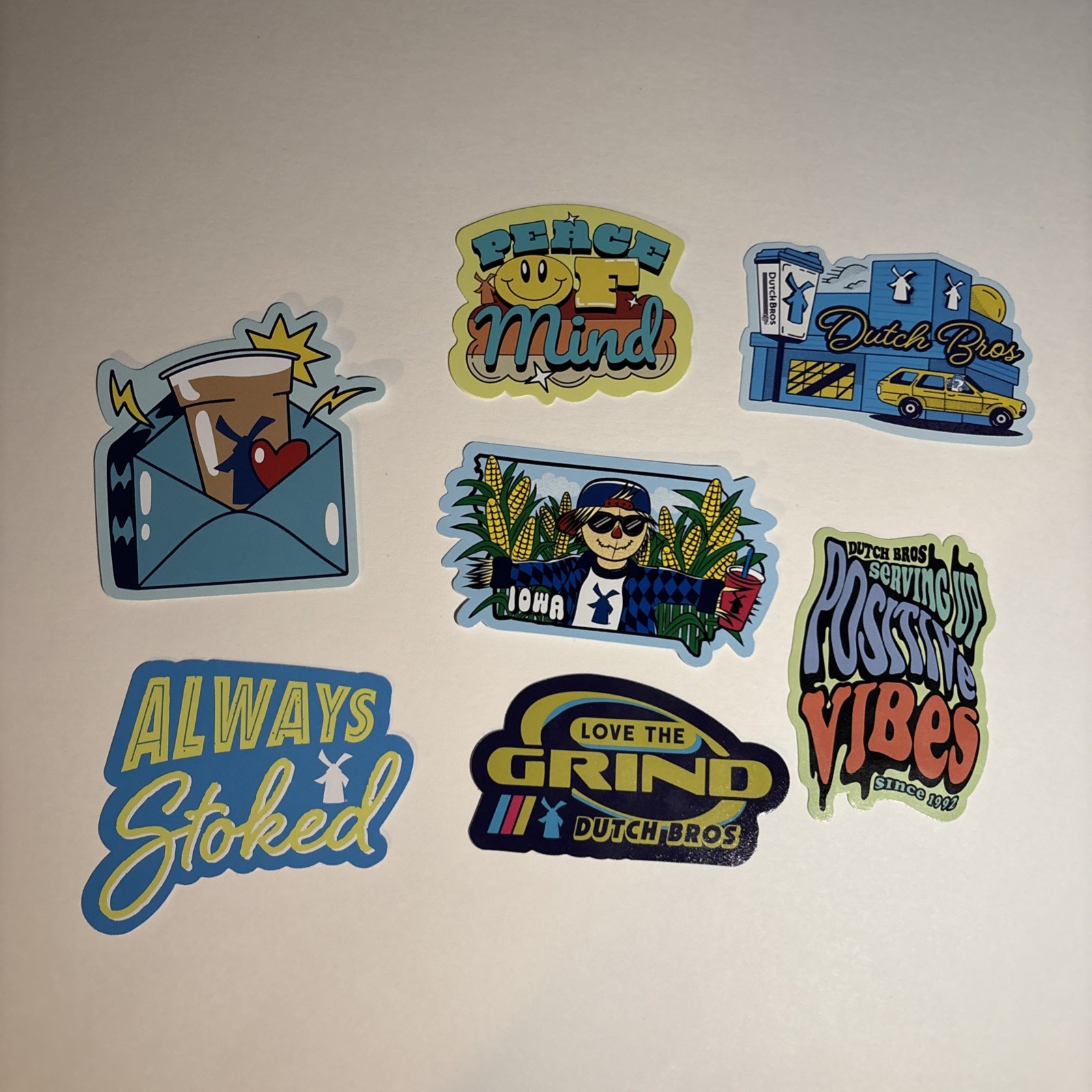 Lot Of 7 Dutch Bros Stickers Iowa Grand opening stickers Rare Scarecrow corn