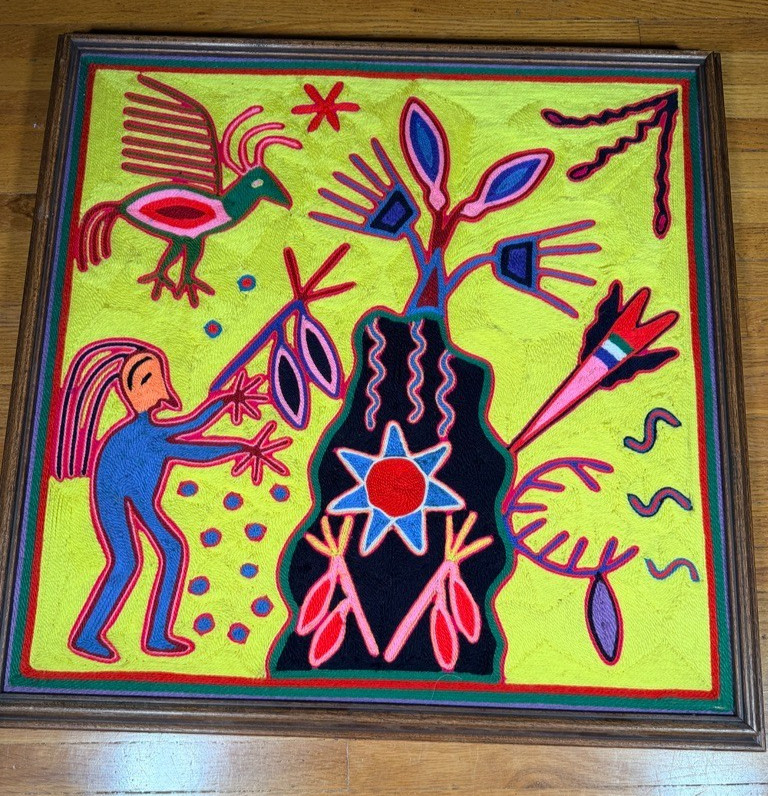 Vintage Huichol Wixárika Yarn Painting Mexican Folk Art Framed 25x25 Vintage Huichol Wixárika Yarn Painting Mexican Folk Art Framed 25x25