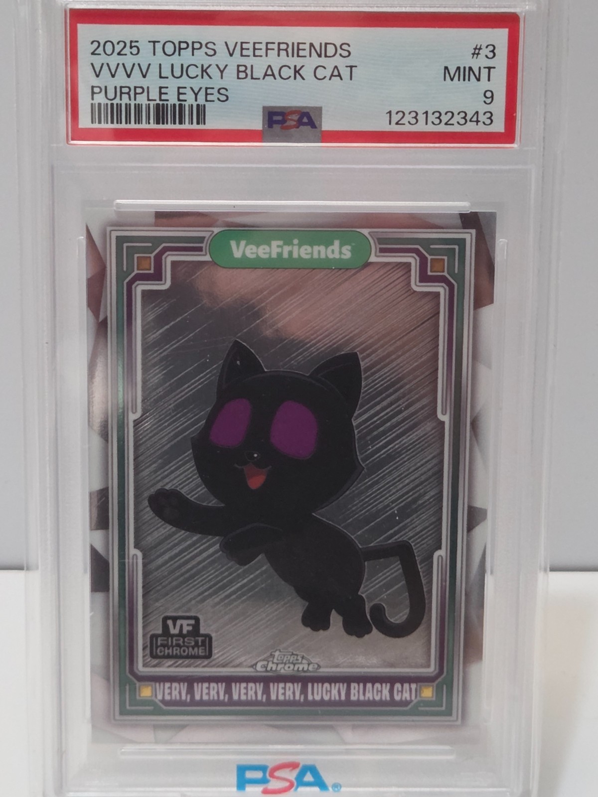 2025 TOPPS CHROME VEEFRIENDS #3 VERY LUCKY BLACK CAT PURPLE EYES PSA 9 2025 TOPPS CHROME VEEFRIENDS #3 VERY LUCKY BLACK CAT PURPLE EYES PSA 9