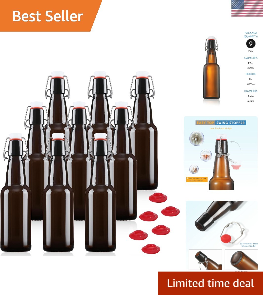 12 oz Amber Swing Top Glass Bottles, Airtight Flip Caps, 9 Pack 12 oz Amber Swing Top Glass Bottles, Airtight Flip Caps, 9 Pack