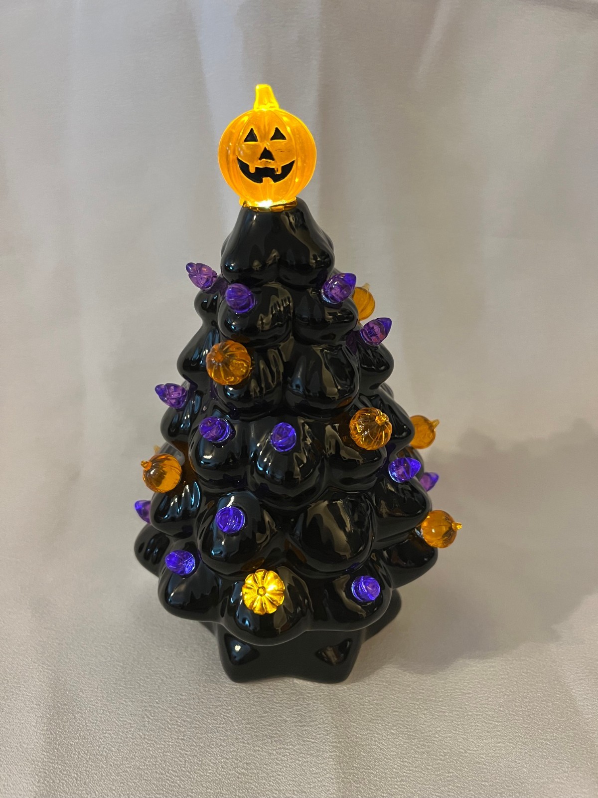 Mr. Halloween 7" Black Ceramic Tree Pumpkin Topper w/Purple & Orange Bulbs Mr. Halloween 7" Black Ceramic Tree Pumpkin Topper w/Purple & Orange Bulbs