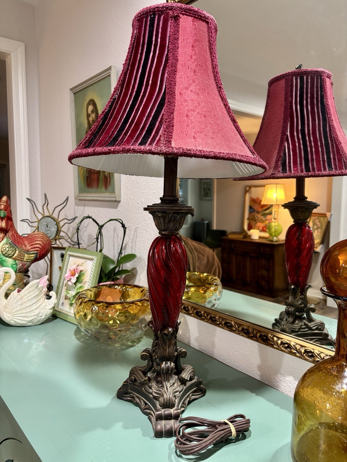Vintage Hollywood Regency Ruby Red Glass Lamp Table Lamp Antique Art Deco