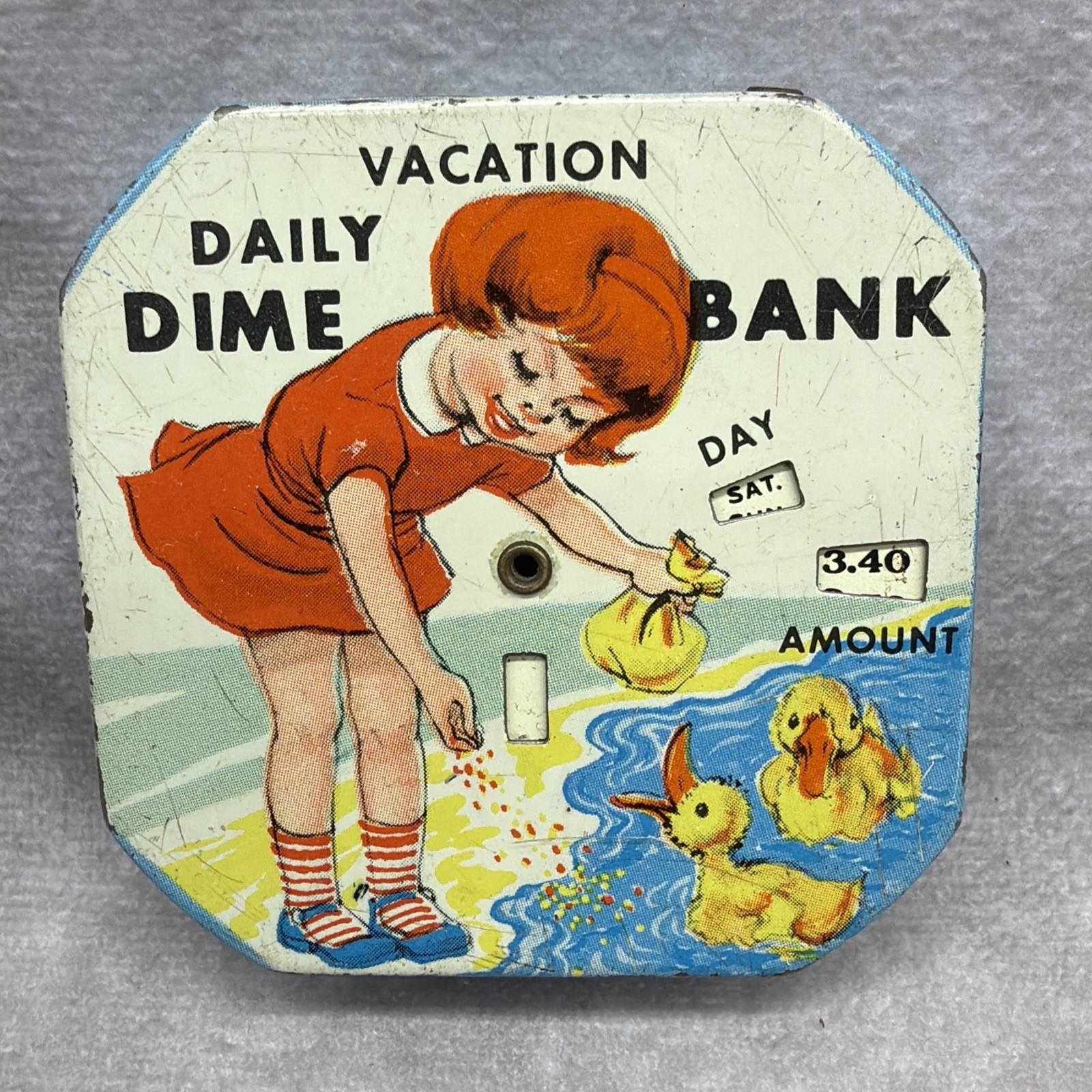 Vintage 1950s Kalon Daily Dime Bank Vacation Tin Litho Girl w Ducks Coin Savings Vintage 1950s Kalon Daily Dime Bank Vacation Tin Litho Girl w Ducks Coin Savings