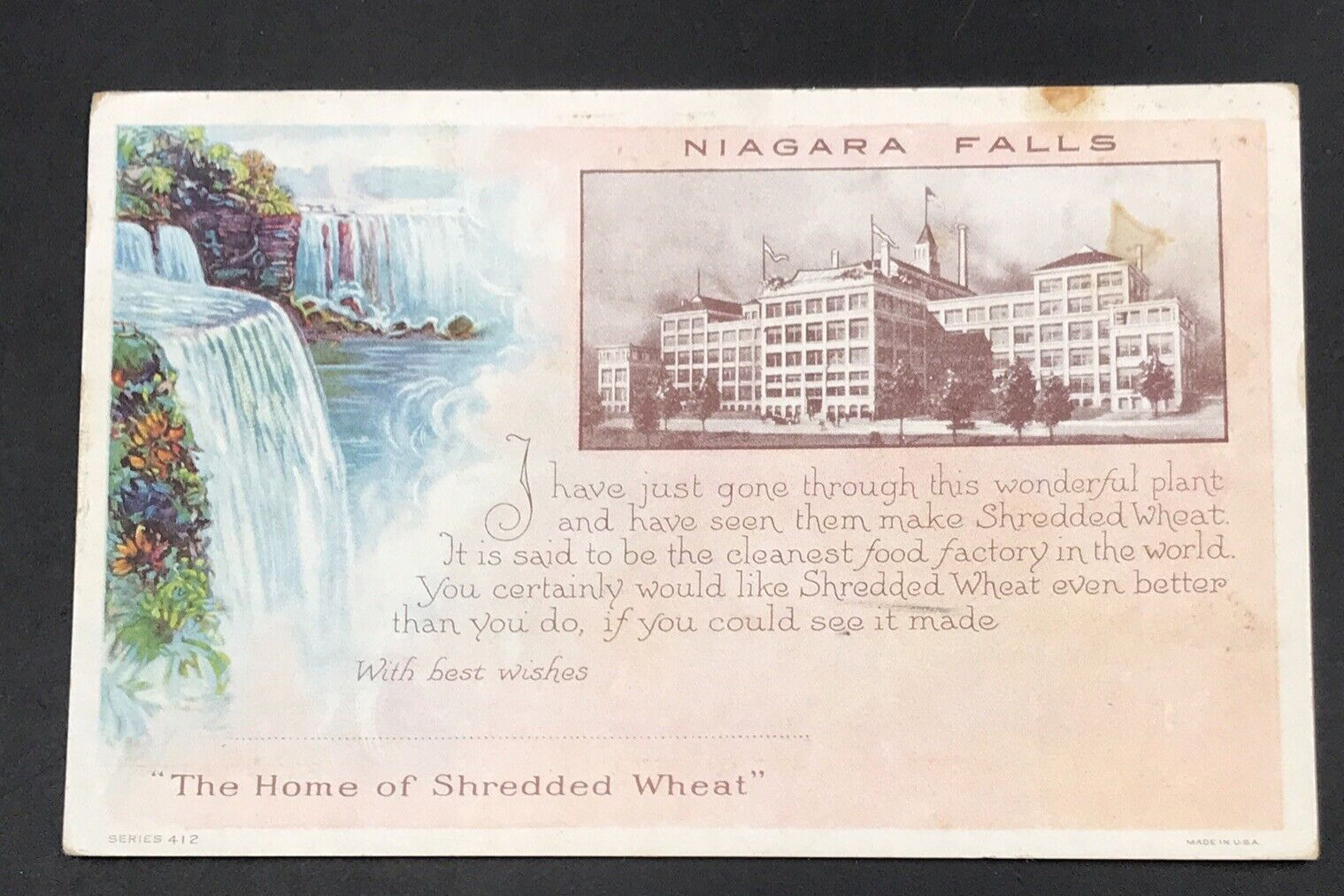 1929 Niagara Falls Home of Shredded Wheat Postcard Headquarters New York