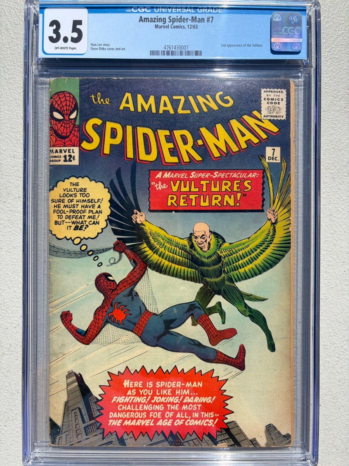 Amazing Spider-Man 7 1963 Marvel Comics CGC VG- 3.5 2nd App Vulture Amazing Spider-Man 7 1963 Marvel Comics CGC VG- 3.5 2nd App Vulture