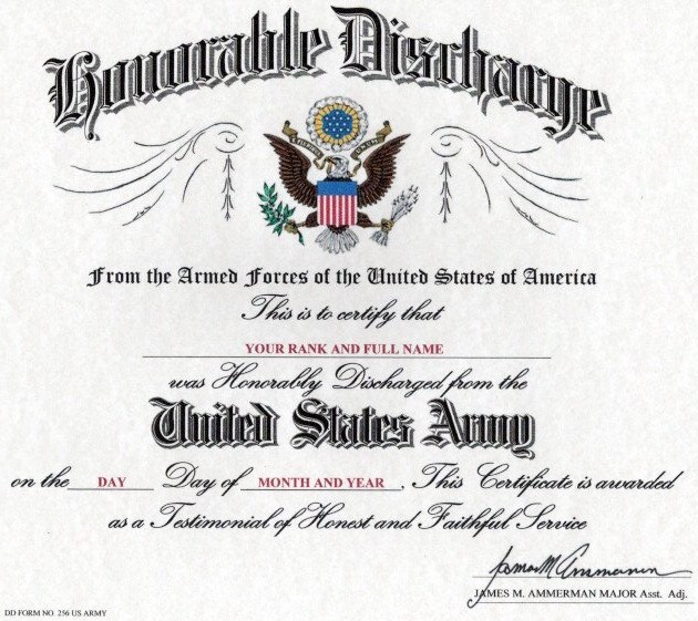 United States Army - Honorable Discharge Replacement Certificate
