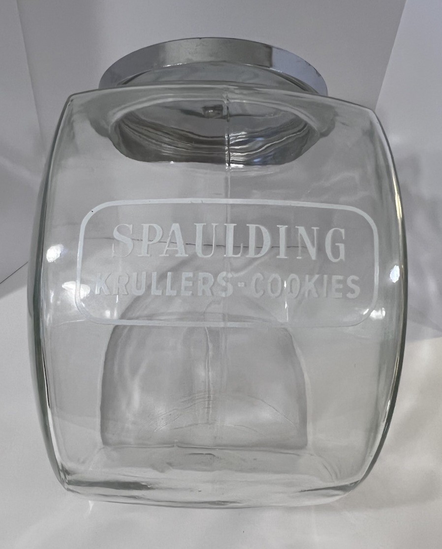 Vintage Spaulding Krullers Cookies Advertising Glass Jar - Cool Store Display