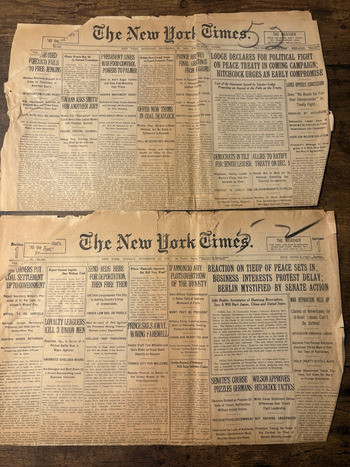 "The New York Times" Newspaper, NYC , Lot of 2, November 22-23, 1919, Vintage