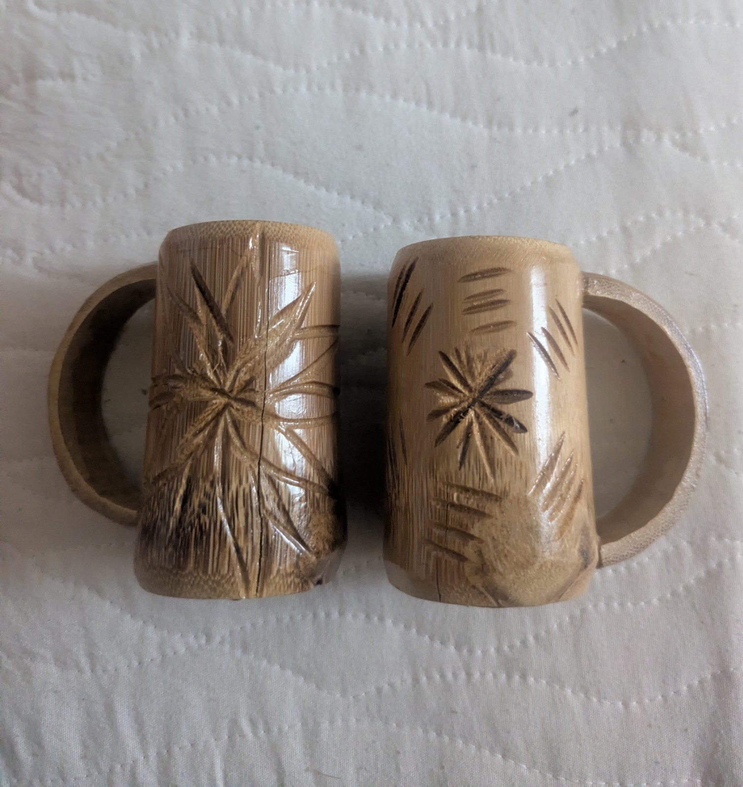 2 Vintage Bamboo Shot Cups Tiki Bar Hand Carved Bamboo Jamaica Starburst 70s 2 Vintage Bamboo Shot Cups Tiki Bar Hand Carved Bamboo Jamaica Starburst 70s