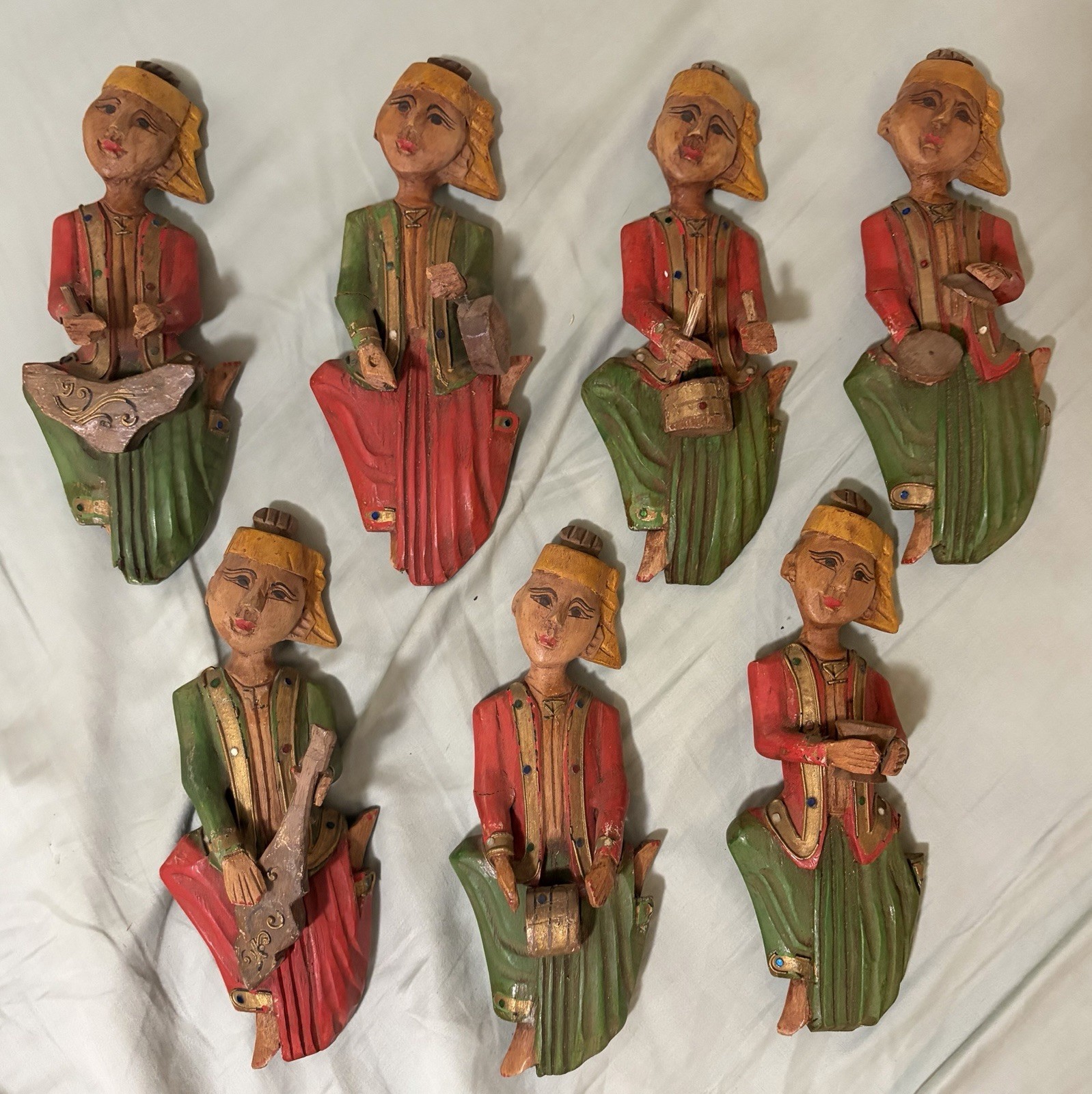 7 VTG Hand Carved Painted Wood Burmese Musicians Wall Hangings Figures MCM Retro 7 VTG Hand Carved Painted Wood Burmese Musicians Wall Hangings Figures MCM Retro
