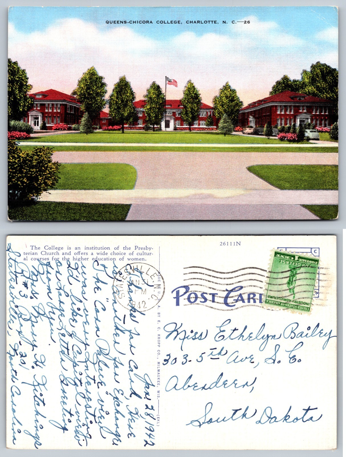 Queens Chicora College Charlotte NC Campus Postcard Queens Chicora College Charlotte NC Campus Postcard