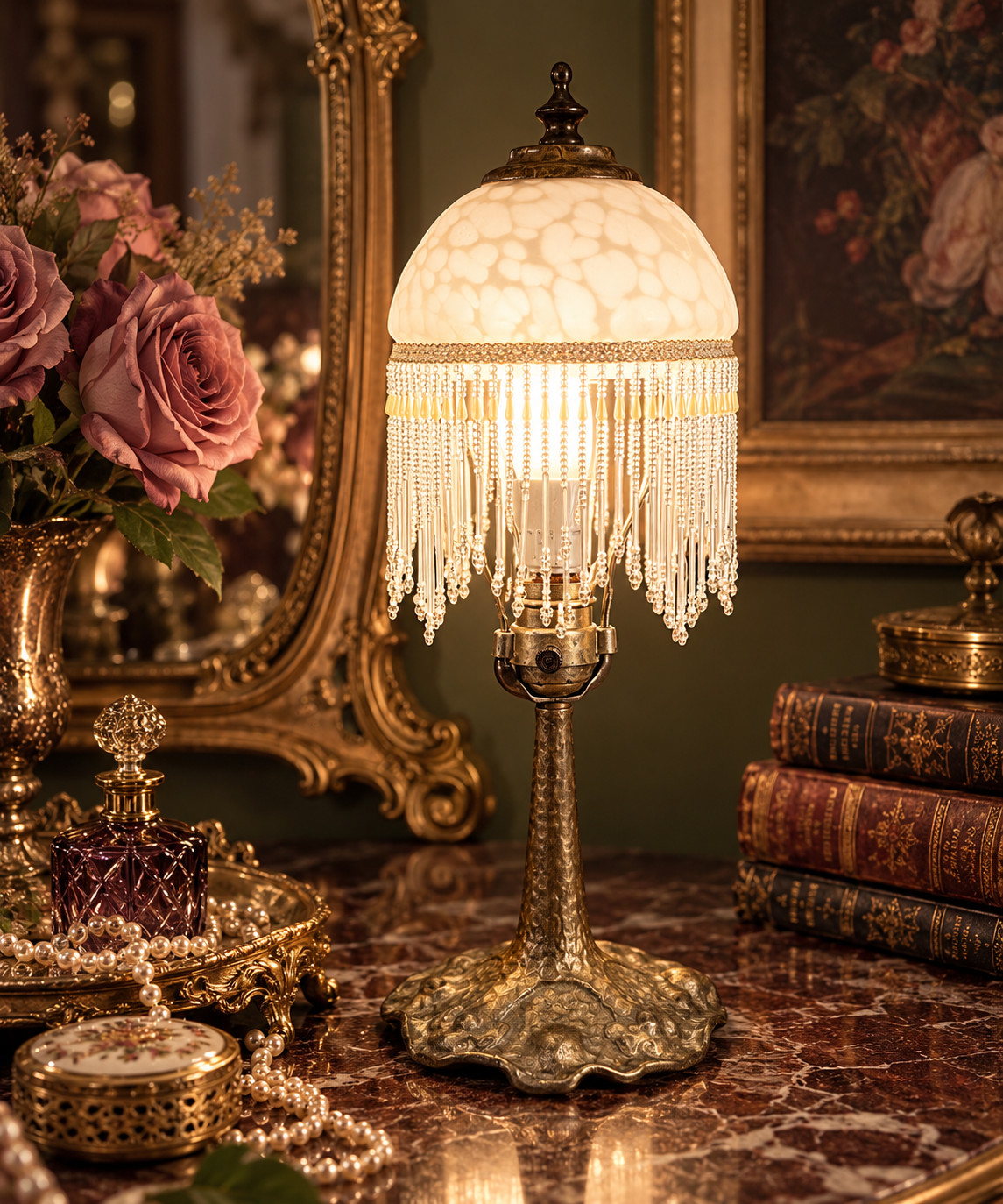 Antique Art Nouveau Table Lamp Vintage Opaline Glass Beaded Fringe Shade