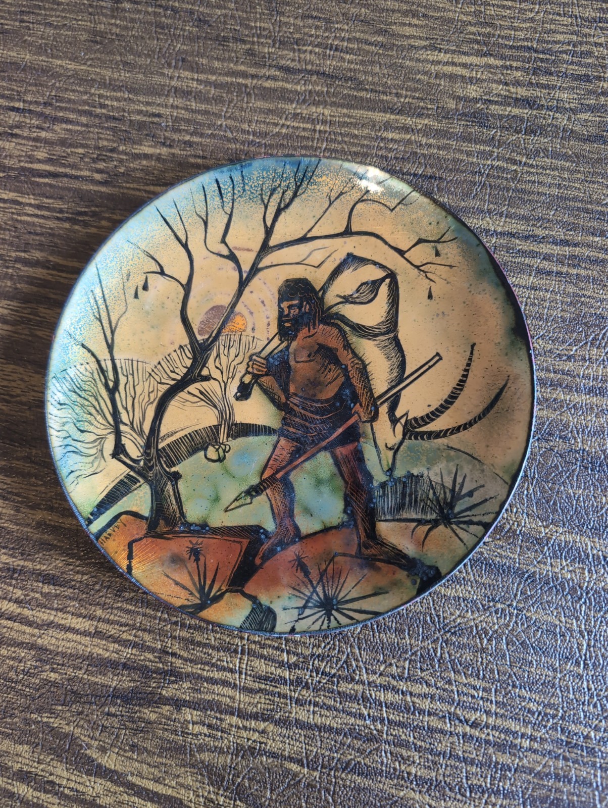 Vtg Harvey Creazioni Italy Enamel on Copper Plate Mid Century Indigenous Hunter Vtg Harvey Creazioni Italy Enamel on Copper Plate Mid Century Indigenous Hunter