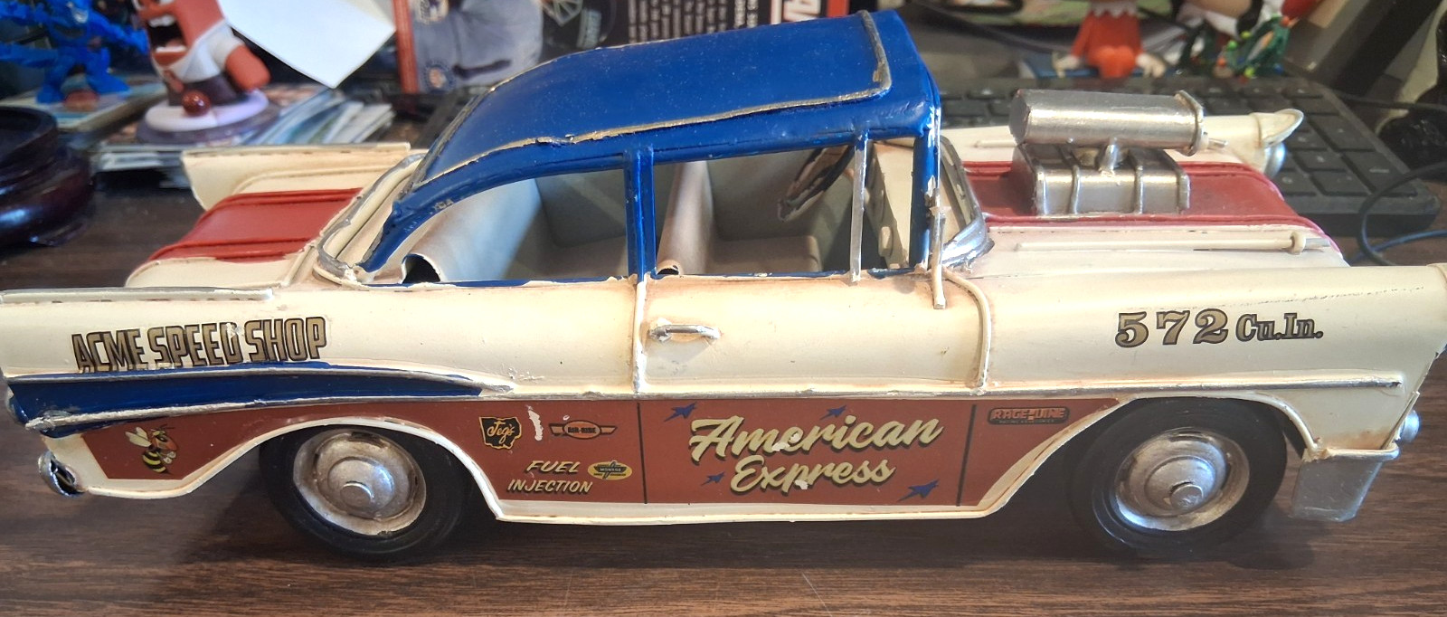 RUSTIC 1970's RETRO VINTAGE 1957 CHEVROLET BEL AIR GASSER STYLE METAL CAR, 1/18 RUSTIC 1970's RETRO VINTAGE 1957 CHEVROLET BEL AIR GASSER STYLE METAL CAR, 1/18