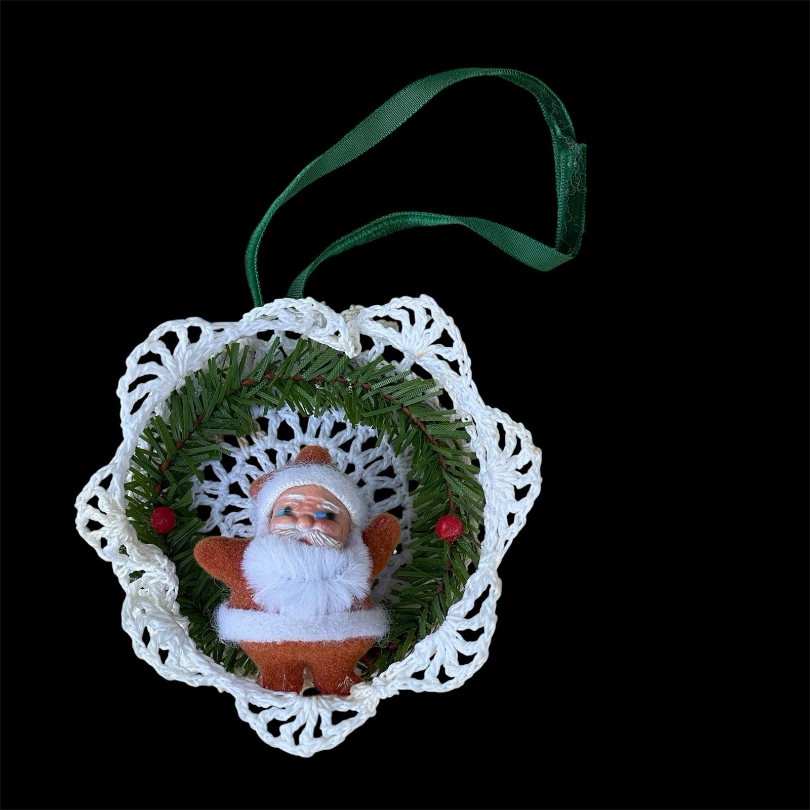 Vintage Flocked Santa Claus Christmas Ornament Starch Crochet Doily Wreath Round