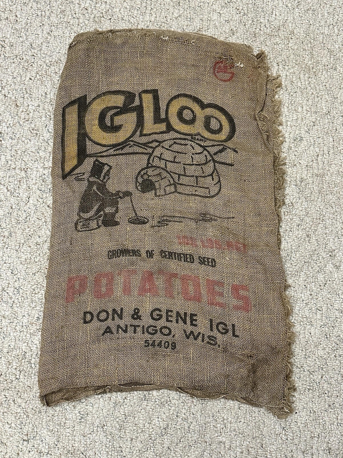 Rare Vintage IGLOO Potato Sack Don & Gene Igl Antigo WI Burlap Advertising Bag14