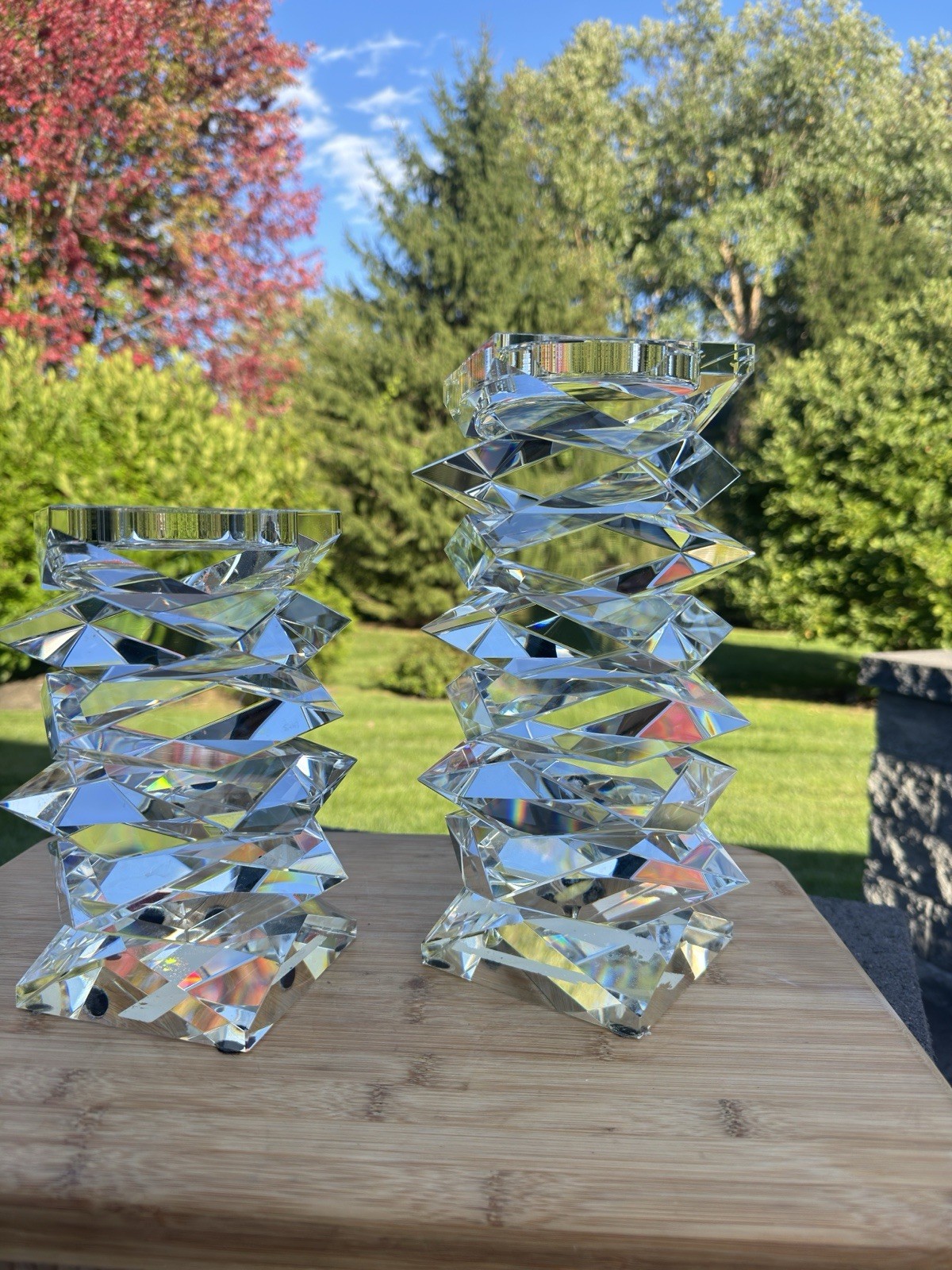 Vintage French Modernist Brutalist Heavy Stacked Crystal Candle Holder Set 11" Vintage French Modernist Brutalist Heavy Stacked Crystal Candle Holder Set 11"