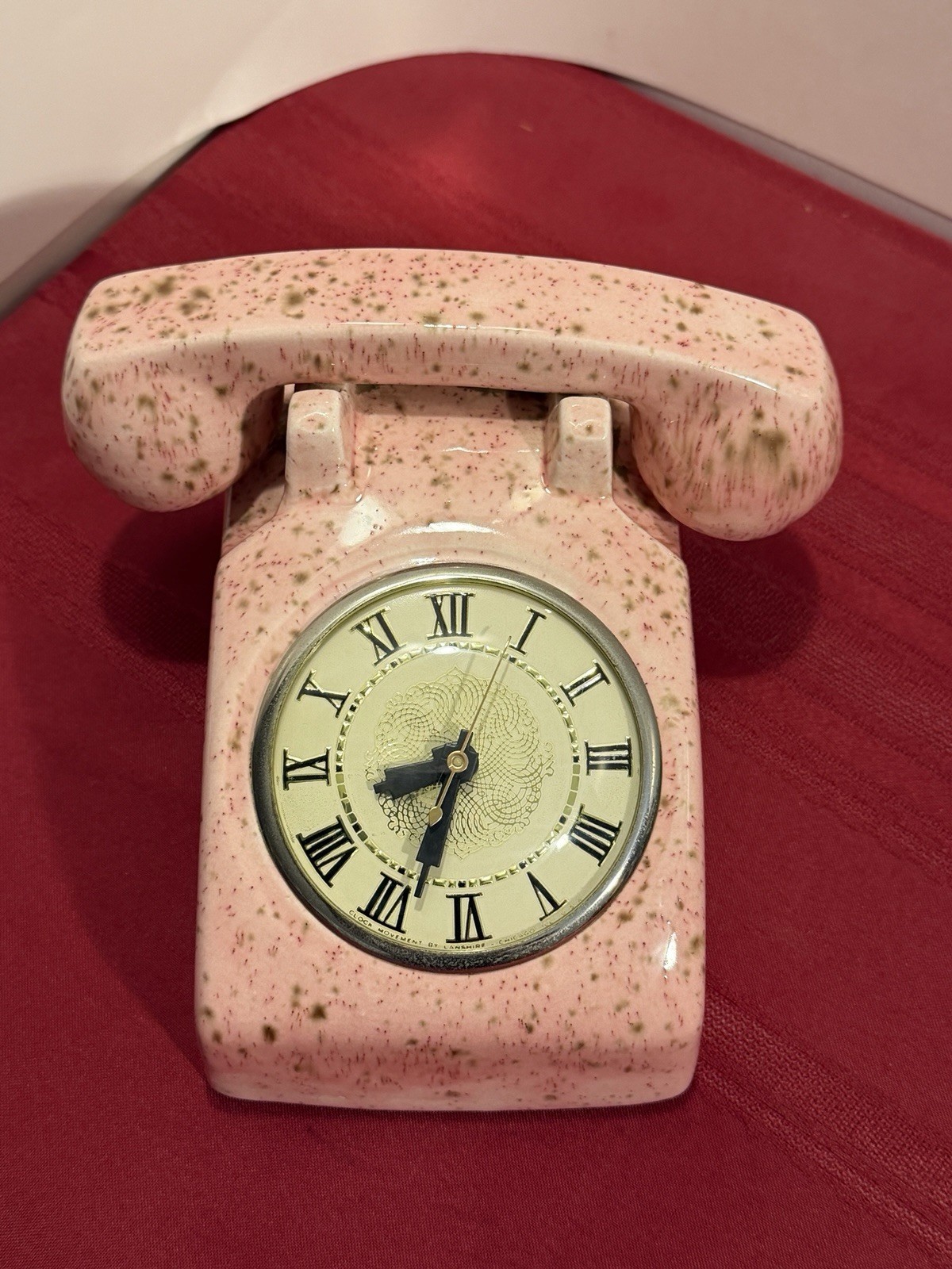 Vintage Mid Century Pink Speckled Electric Lanshire Ceramic Telephone Clock