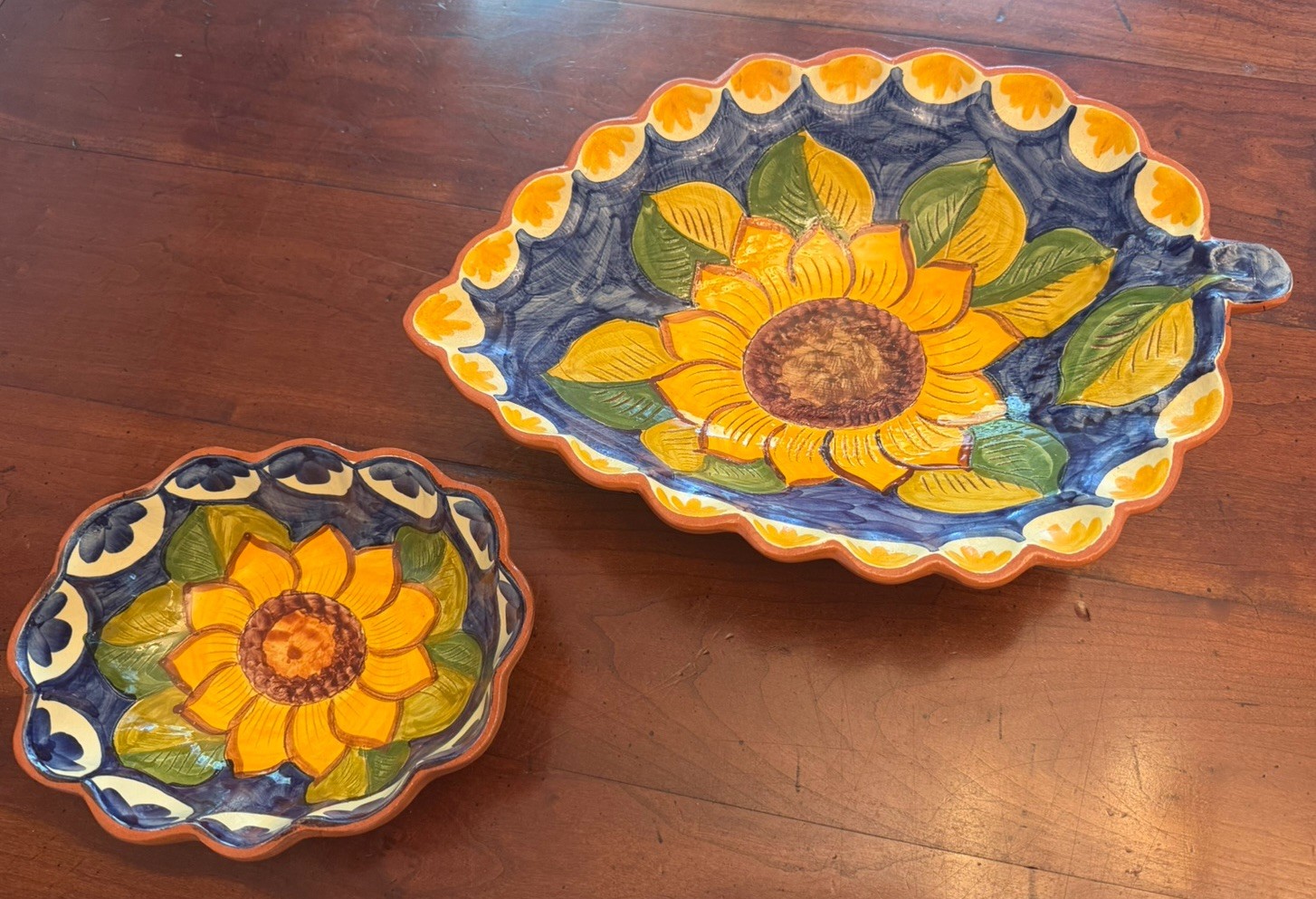 Vintage Portuguese Pottery Sunflower Set Hand Painted Leaf Platter & Bowl Set