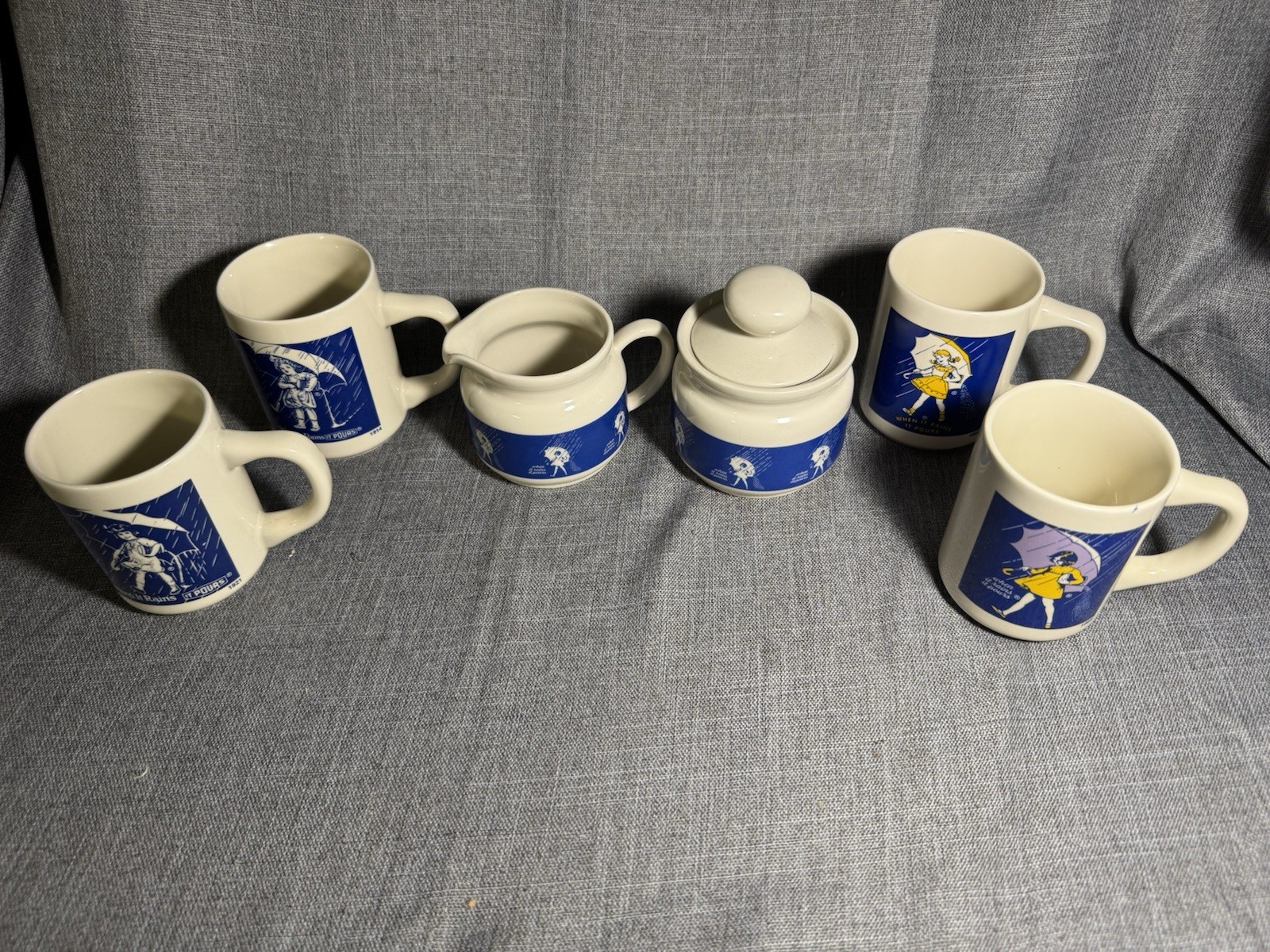 Vintage Morton Salt Lot Mugs, Cream & Sugar w/ Lid When It Rains It Pours ~7 pc Vintage Morton Salt Lot Mugs, Cream & Sugar w/ Lid When It Rains It Pours ~7 pc