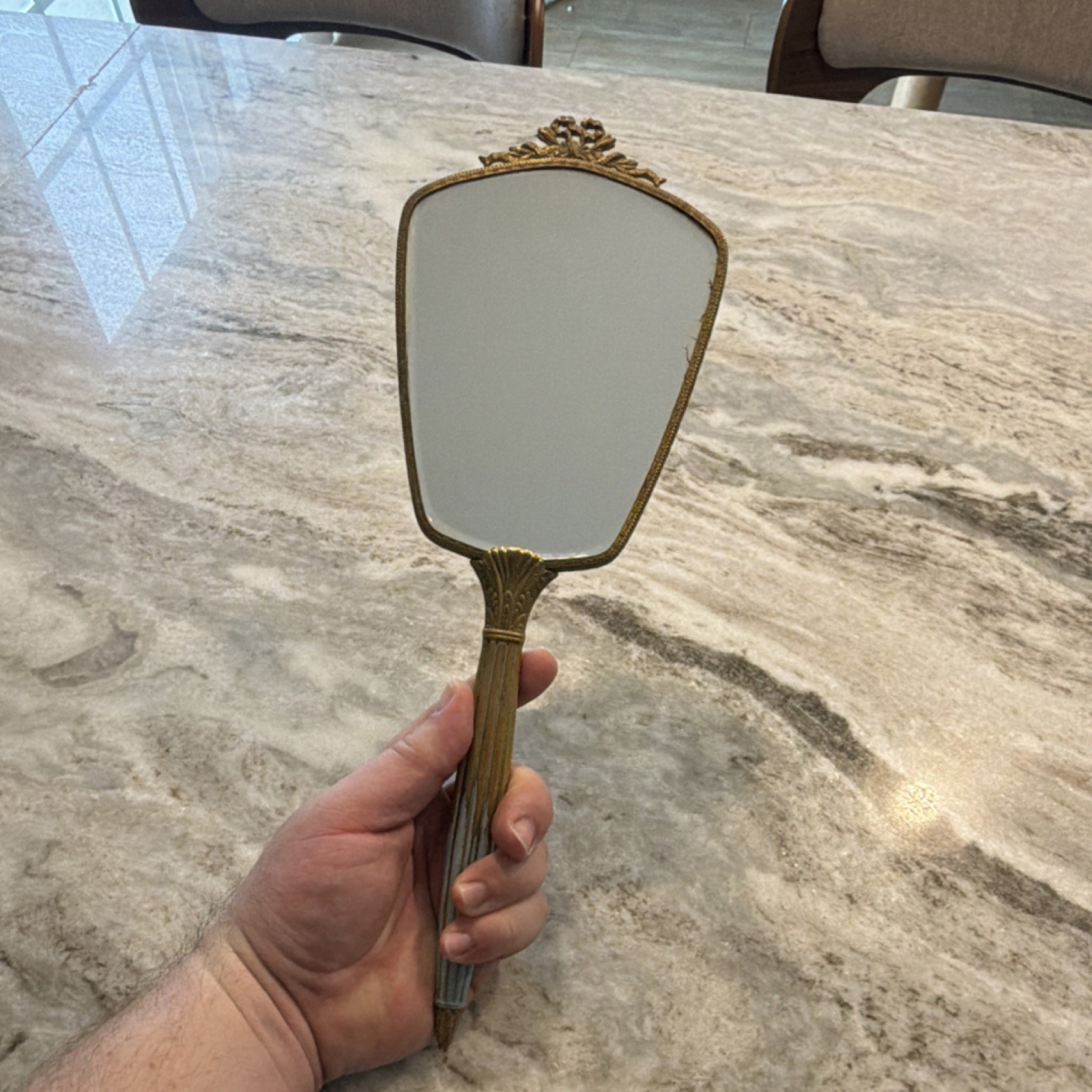 Vintage Art Deco Ornate Gold-Tone Hand Mirror Green Back Cameo Detail Vintage Art Deco Ornate Gold-Tone Hand Mirror Green Back Cameo Detail